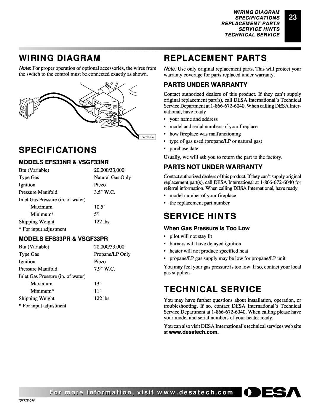 Desa EFS33PR Wiring Diagram, Specifications, Replacement Parts, Service Hints, Technical Service, Parts Under Warranty 