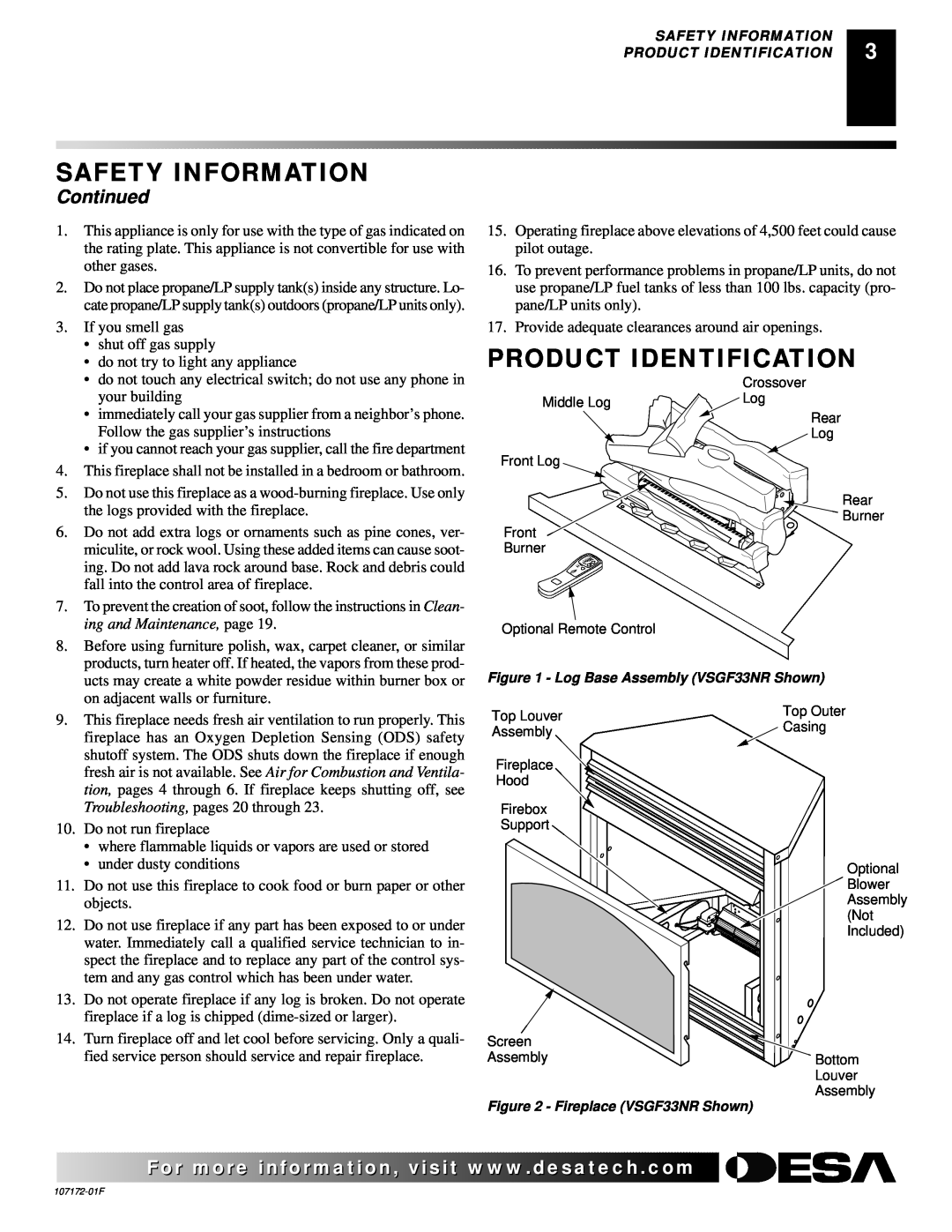 Desa EFS33PR installation manual Product Identification, Continued, Safety Information 