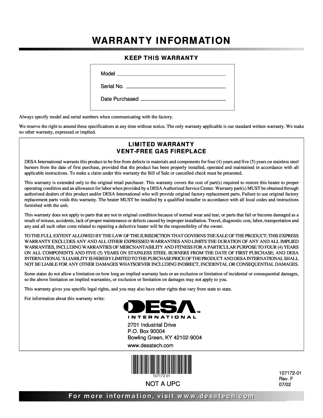 Desa EFS33PR Not A Upc, Keep This Warranty, Limited Warranty Vent-Freegas Fireplace, Model Serial No Date Purchased 