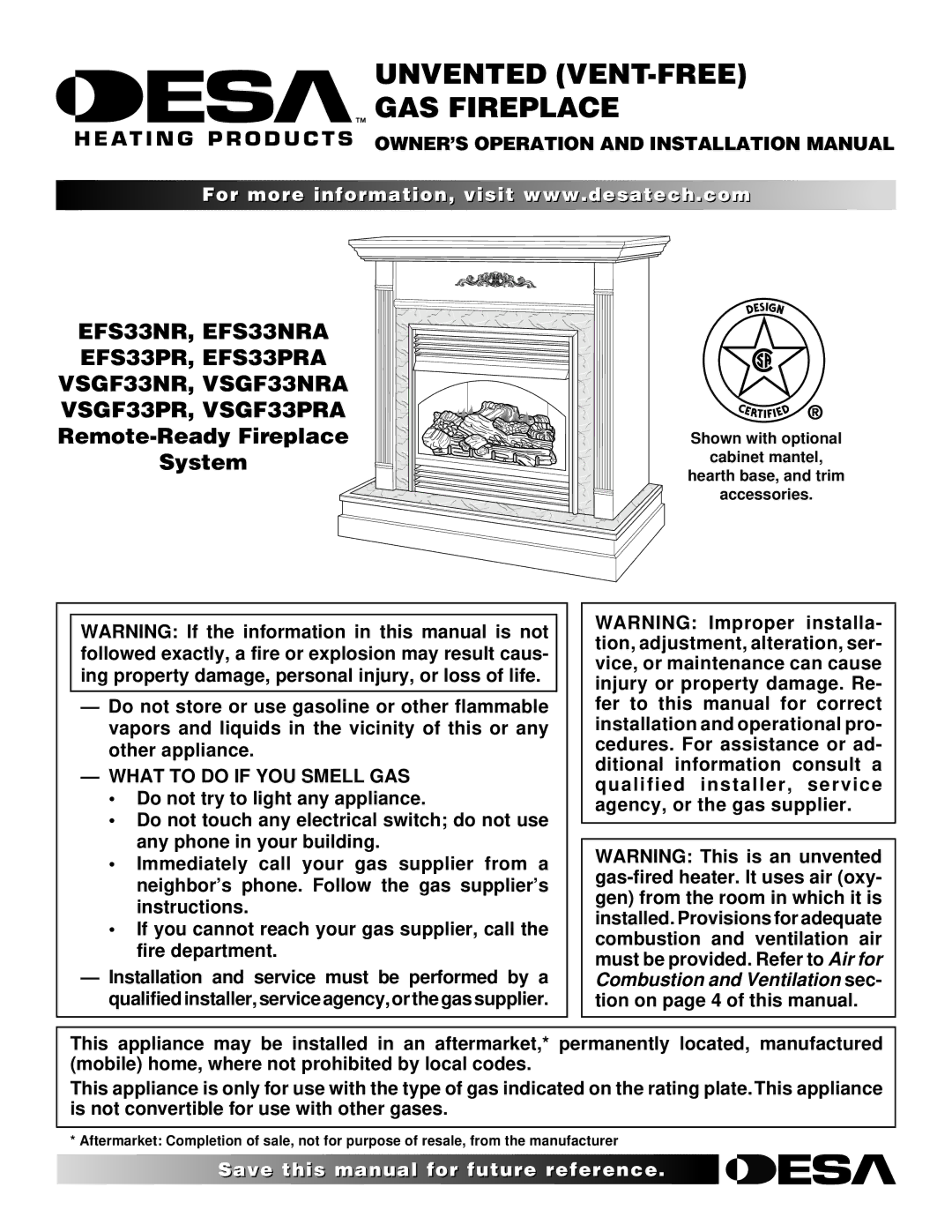 Desa EFS33NR, EFS33NRA, EFS33PR, EFS33PRA, VSGF33NR, VSGF33NRA, VSGF33PR, VSGF33PRA installation manual 