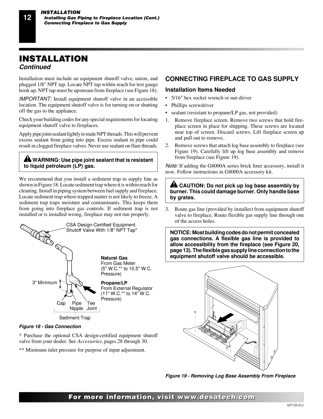 Desa EFS33PRA installation manual Connecting Fireplace to GAS Supply, Gas Connection 