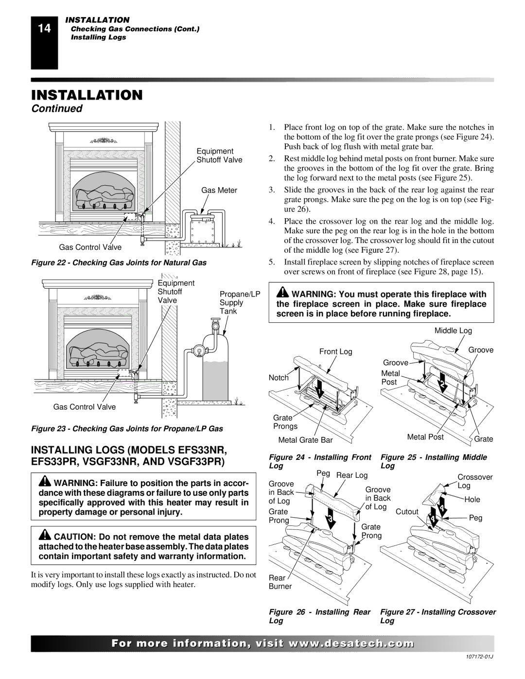 Desa EFS33PRA installation manual Place front log on top of the grate. Make sure the notches 