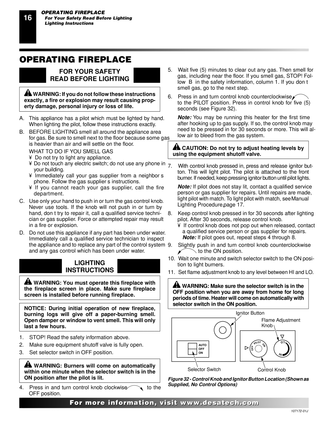 Desa EFS33PRA installation manual Operating Fireplace, For Your Safety Read Before Lighting, Lighting Instructions 