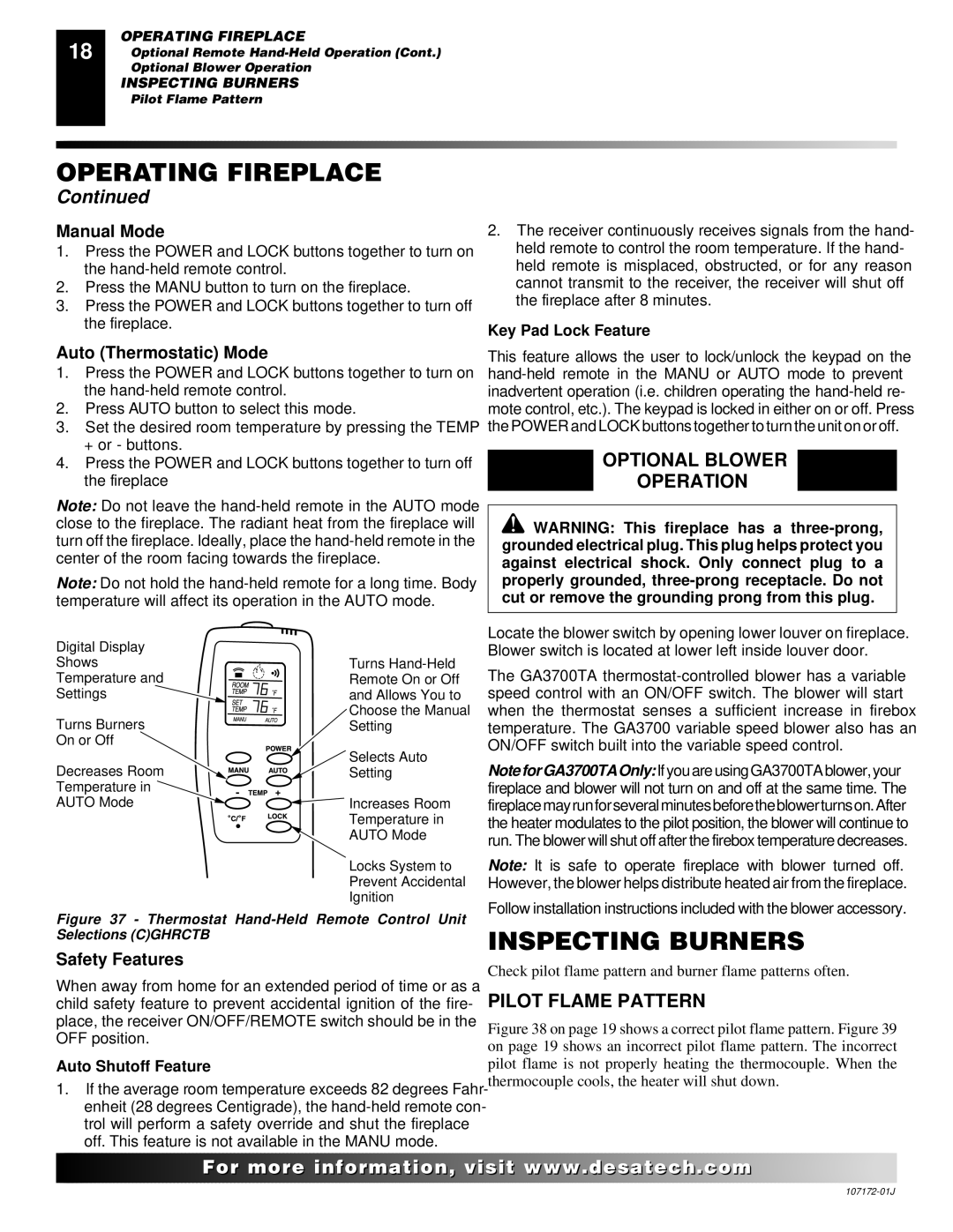 Desa EFS33PRA installation manual Inspecting Burners, Optional Blower Operation, Pilot Flame Pattern 