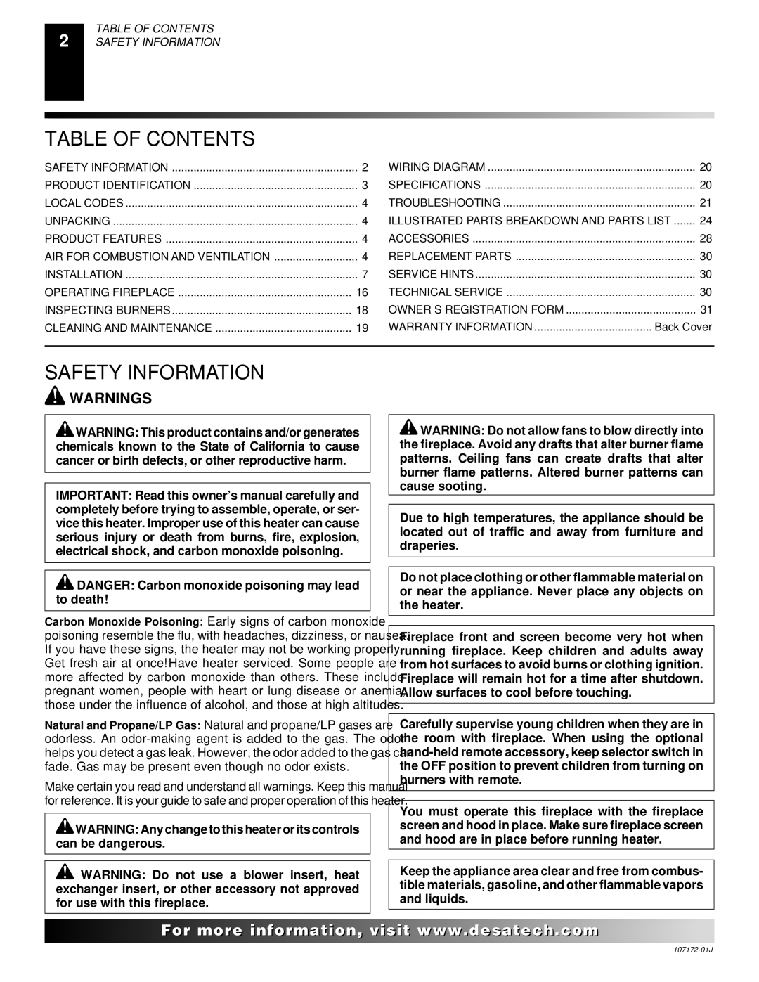 Desa EFS33PRA installation manual Table of Contents, Safety Information 