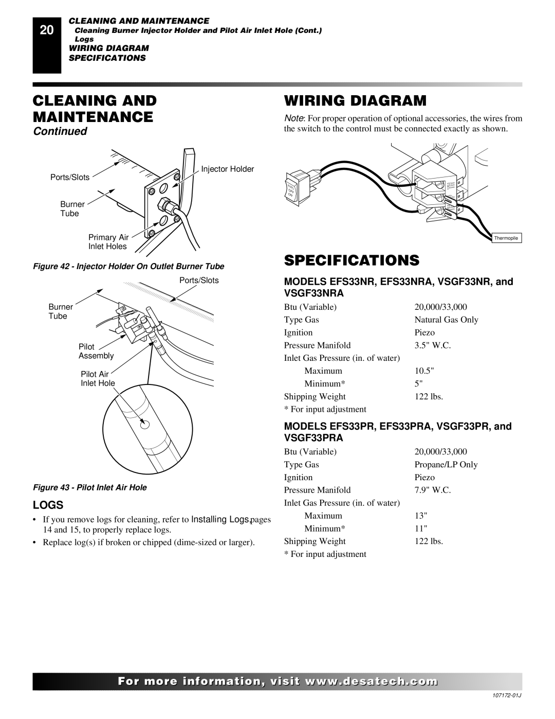 Desa EFS33PRA installation manual Wiring Diagram, Specifications, Logs, Models EFS33NR, EFS33NRA, VSGF33NR, and VSGF33NRA 