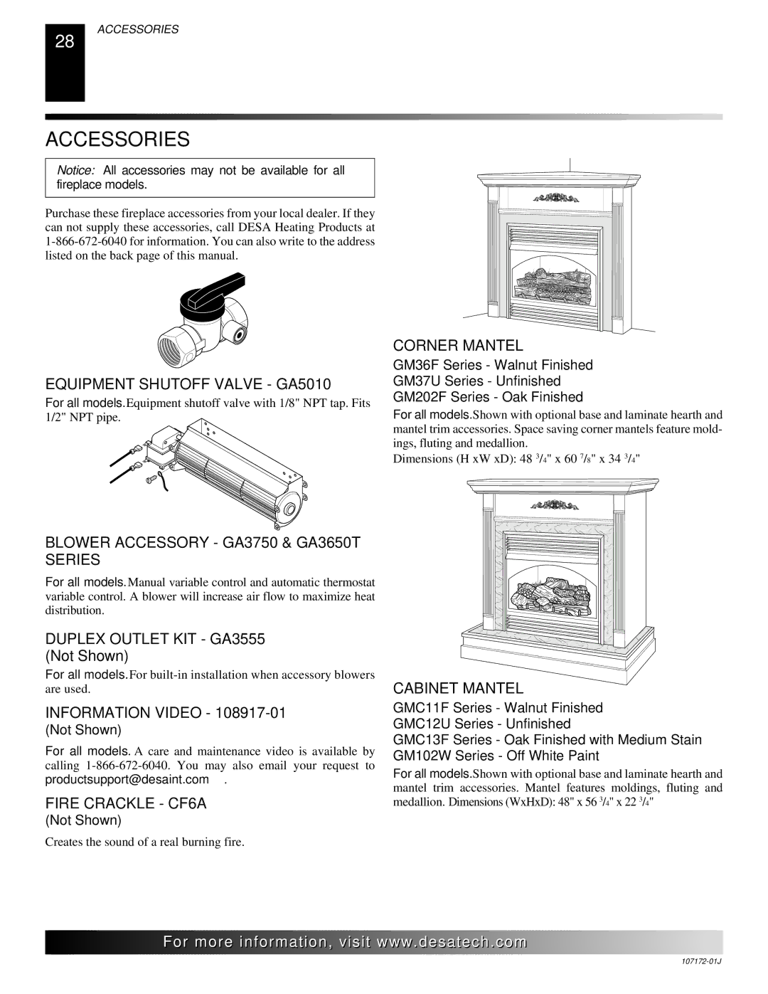 Desa EFS33NR, EFS33NRA, EFS33PR, EFS33PRA, VSGF33NR, VSGF33NRA, VSGF33PR, VSGF33PRA installation manual Accessories 