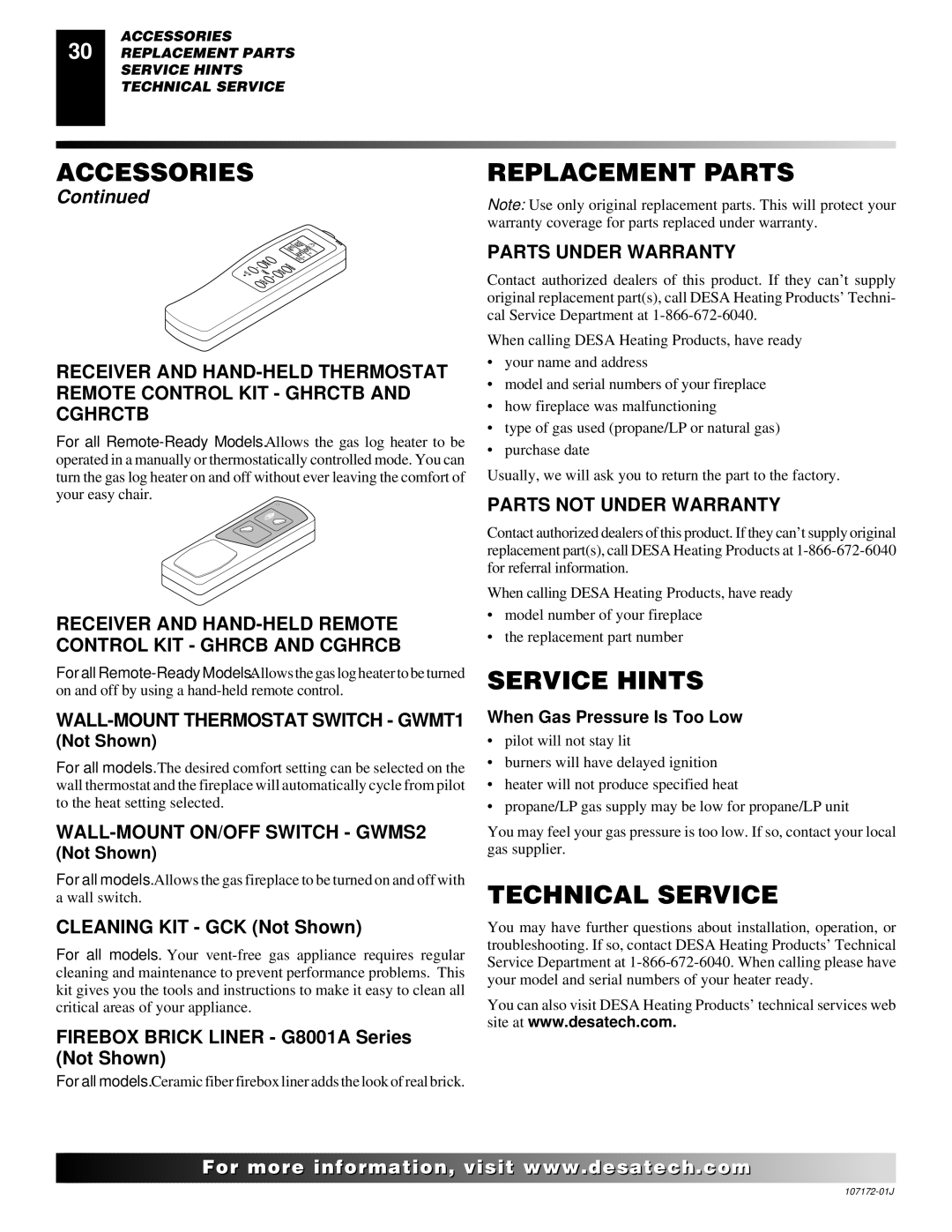 Desa EFS33PRA installation manual Replacement Parts, Service Hints, Technical Service 