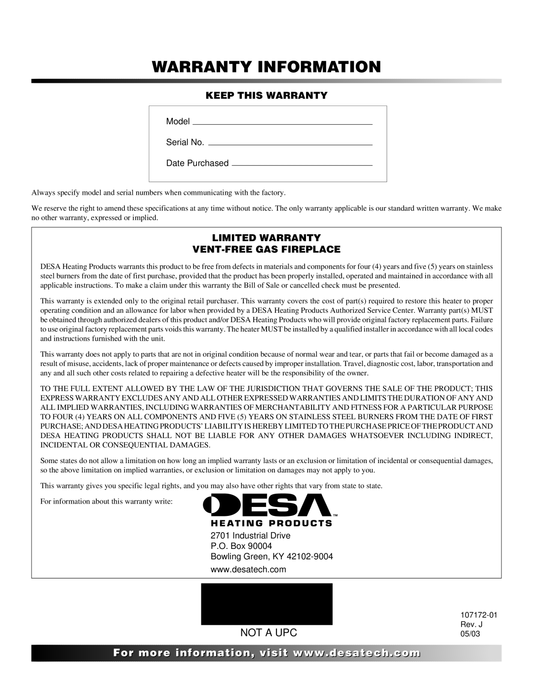 Desa EFS33NR, EFS33NRA, EFS33PR, EFS33PRA, VSGF33NR, VSGF33NRA, VSGF33PR, VSGF33PRA Warranty Information 