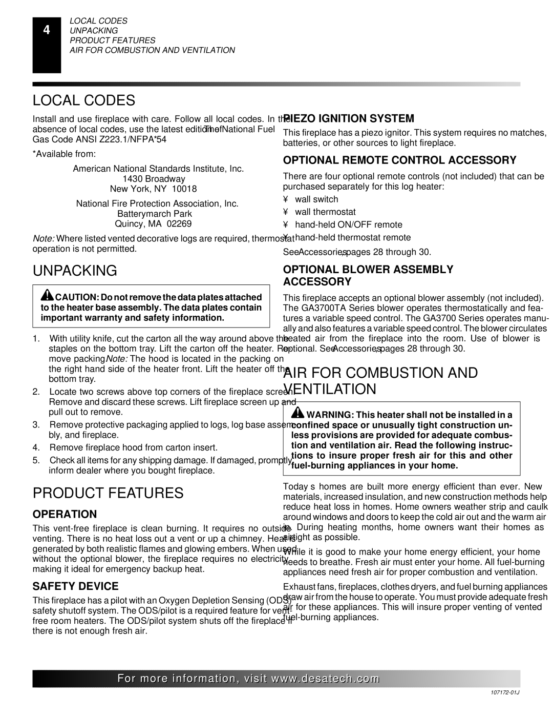 Desa EFS33PRA installation manual Local Codes, Unpacking, Product Features, AIR for Combustion and Ventilation 