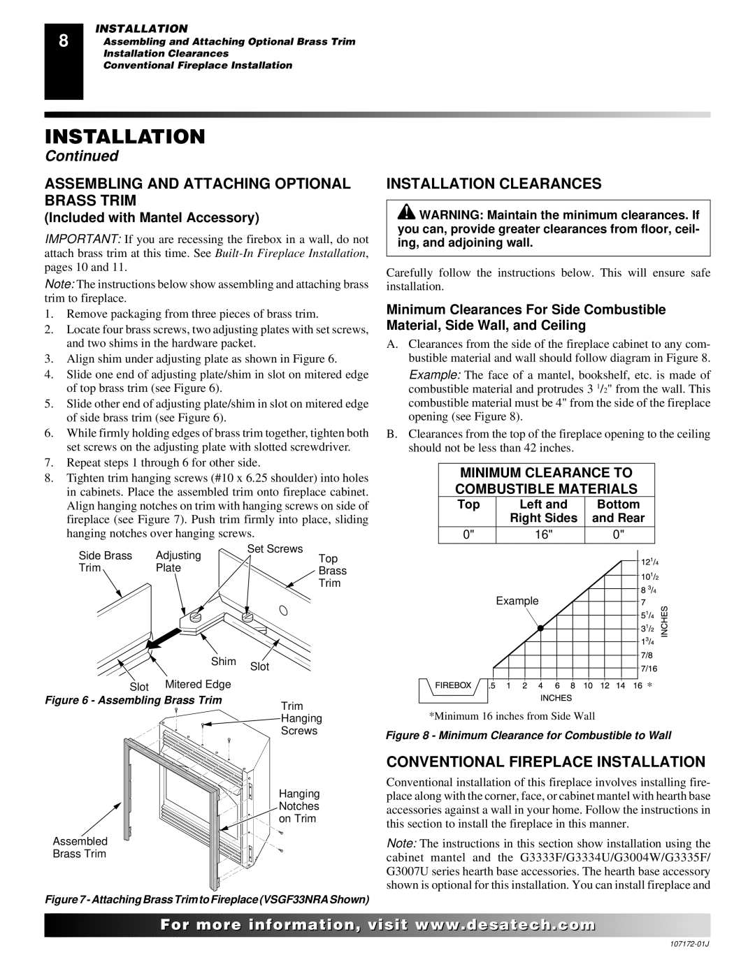 Desa EFS33PRA Assembling and Attaching Optional Brass Trim, Installation Clearances, Conventional Fireplace Installation 