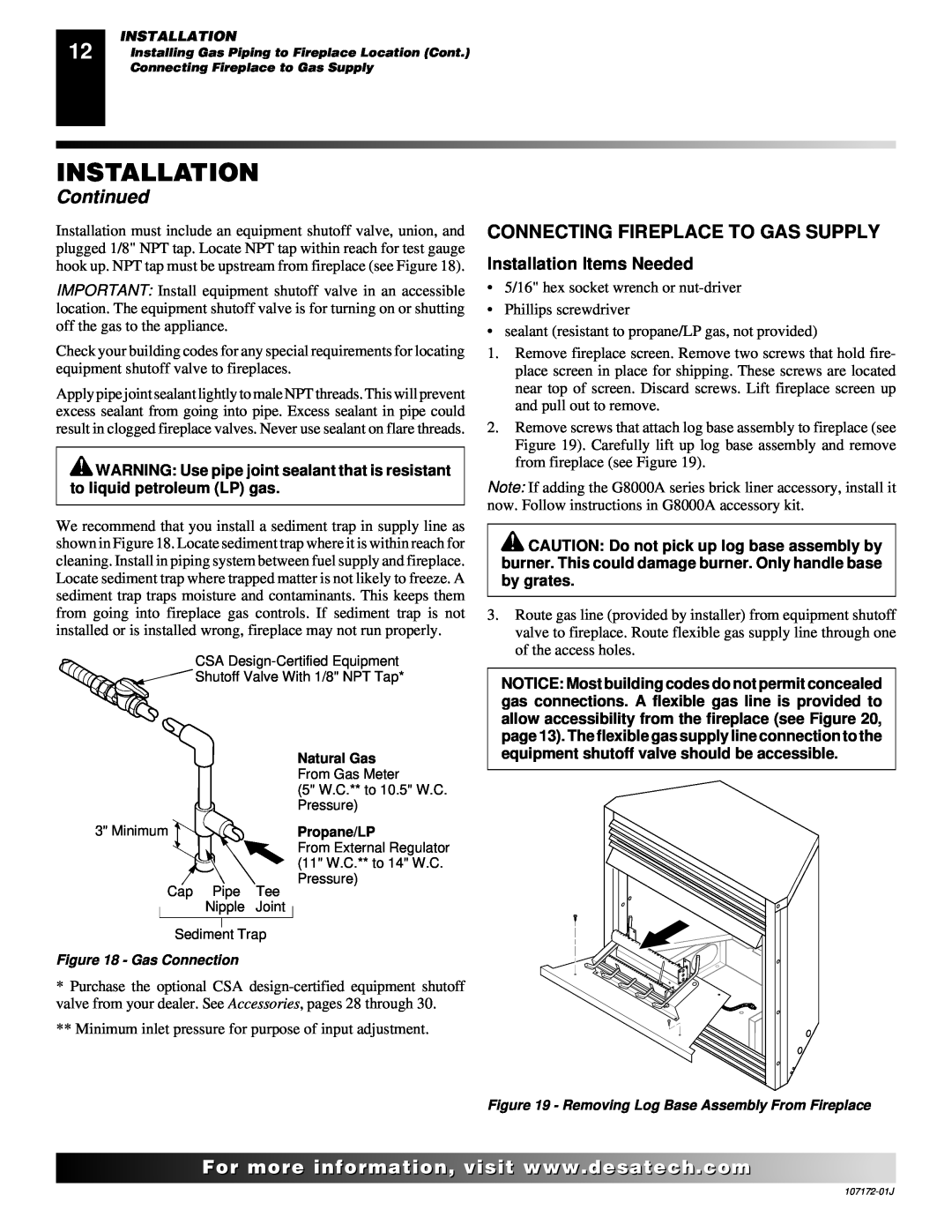 Desa EFS33PRA installation manual Connecting Fireplace To Gas Supply, Continued, Installation Items Needed 