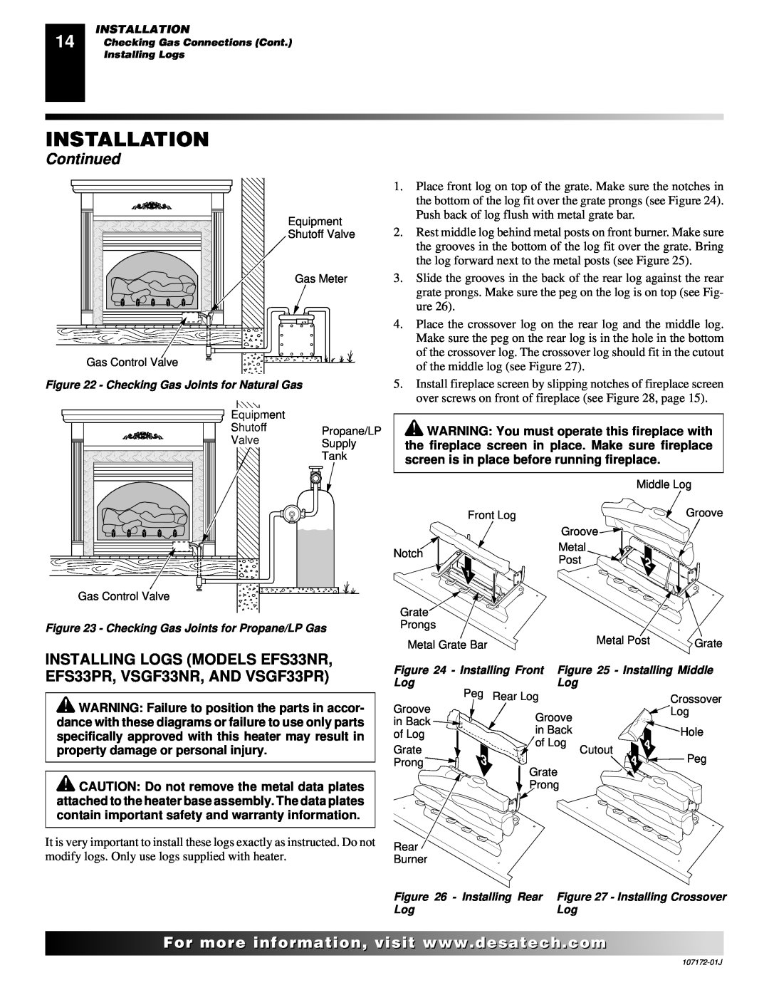 Desa EFS33PRA installation manual Installation, Continued, Push back of log flush with metal grate bar 