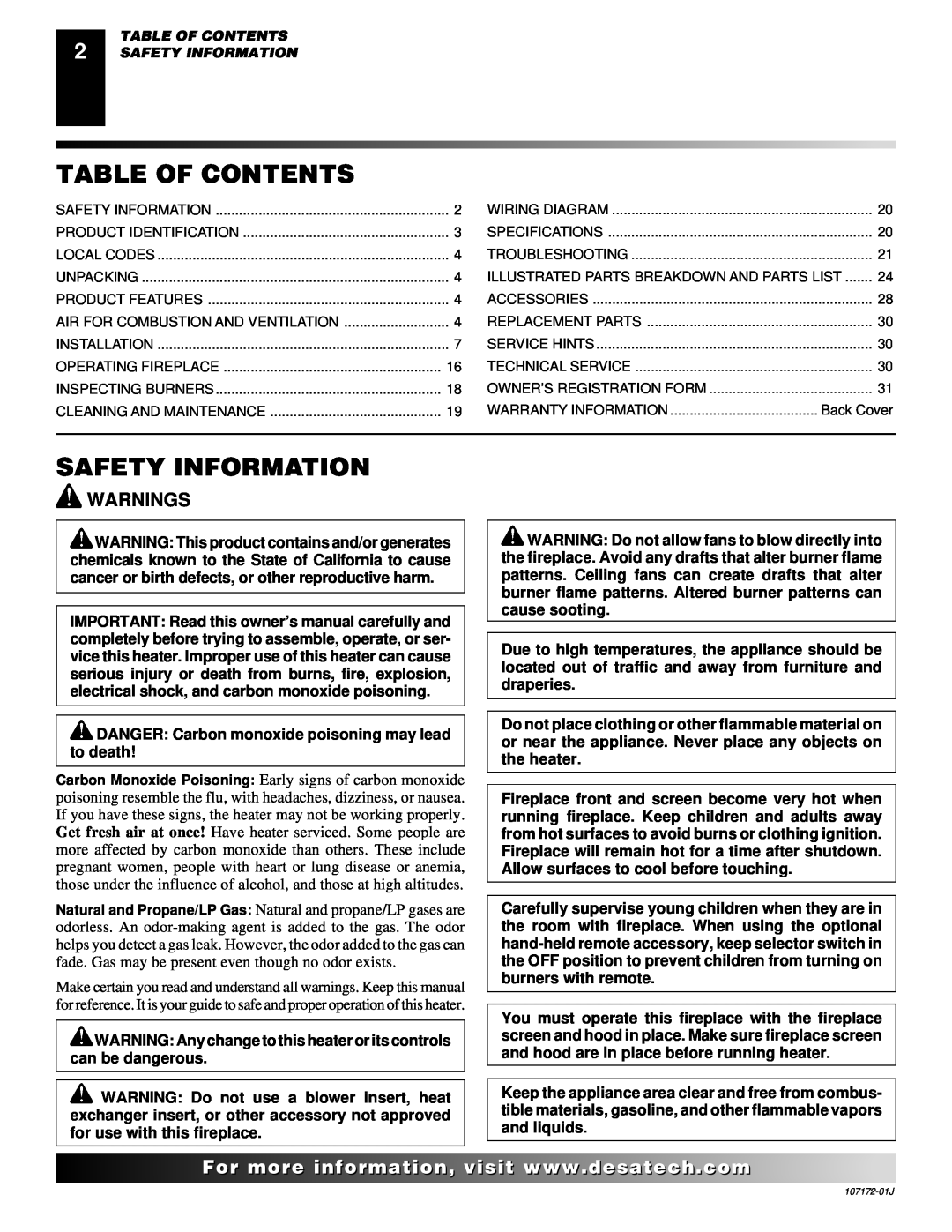 Desa EFS33PRA installation manual Table Of Contents, Safety Information, Warnings 