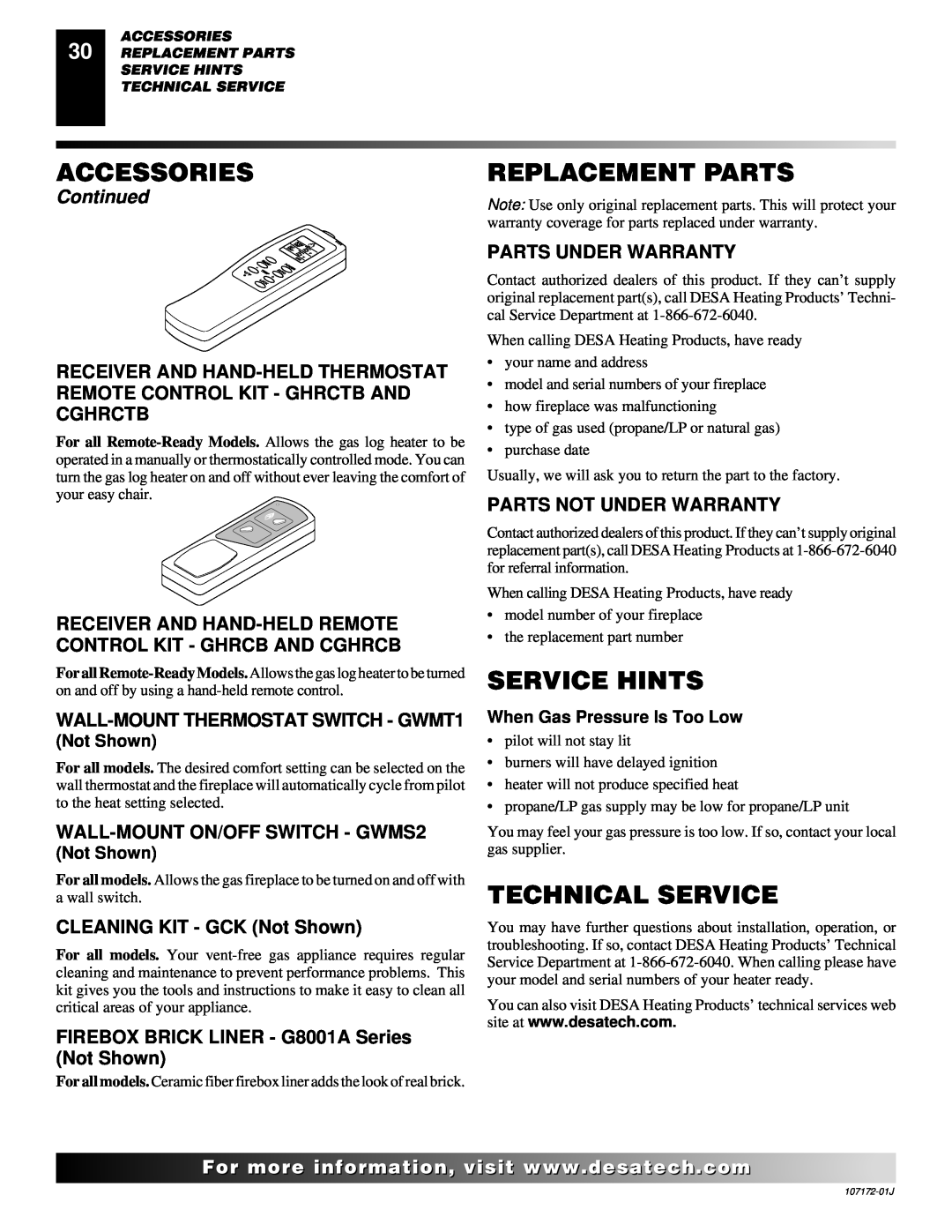 Desa EFS33PRA Replacement Parts, Service Hints, Technical Service, WALL-MOUNTTHERMOSTAT SWITCH - GWMT1, Accessories 