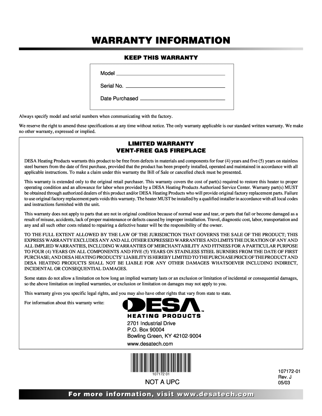 Desa EFS33PRA Warranty Information, Not A Upc, Keep This Warranty, Limited Warranty Vent-Freegas Fireplace 