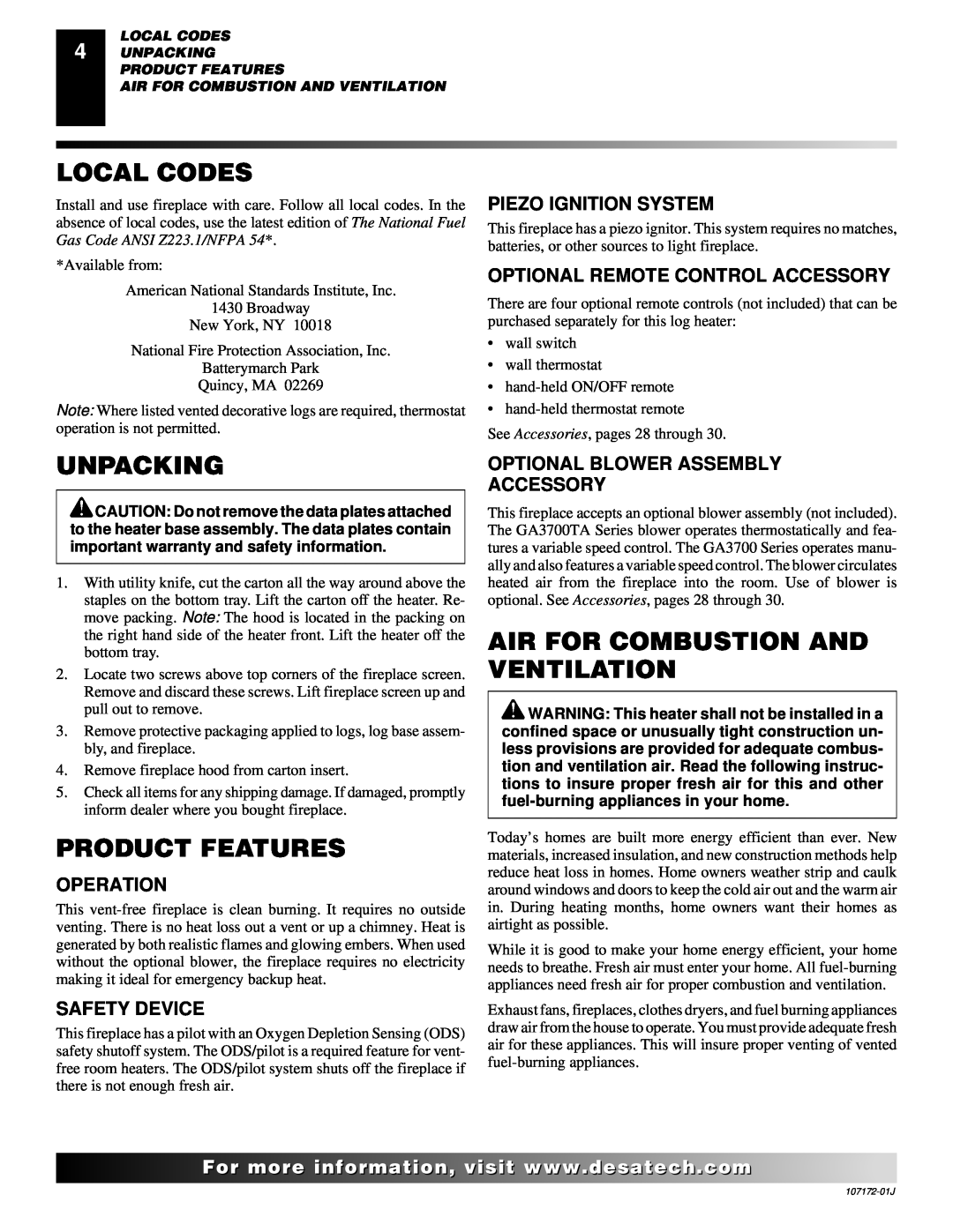 Desa EFS33PRA Local Codes, Unpacking, Product Features, Air For Combustion And Ventilation, Piezo Ignition System 