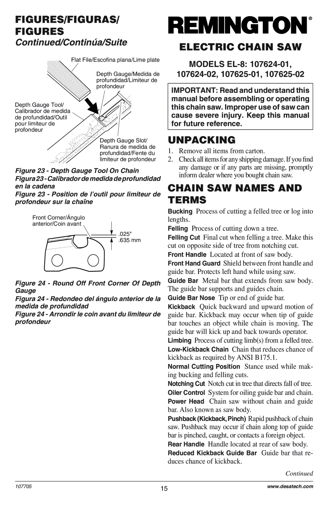 Desa EL-8: 107624-01 Electric Chain SAW, Unpacking, Chain SAW Names and Terms, Models EL-8 107624-02, 107625-01 