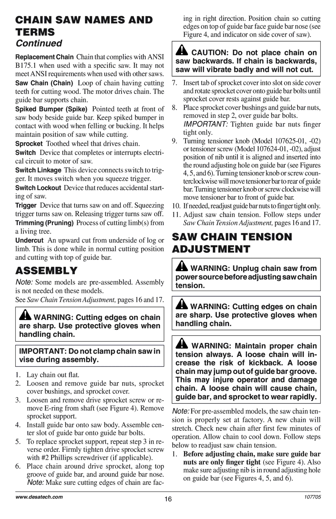 Desa EL-8: 107624-01 Assembly, SAW Chain Tension Adjustment, Important Do not clamp chain saw in vise during assembly 