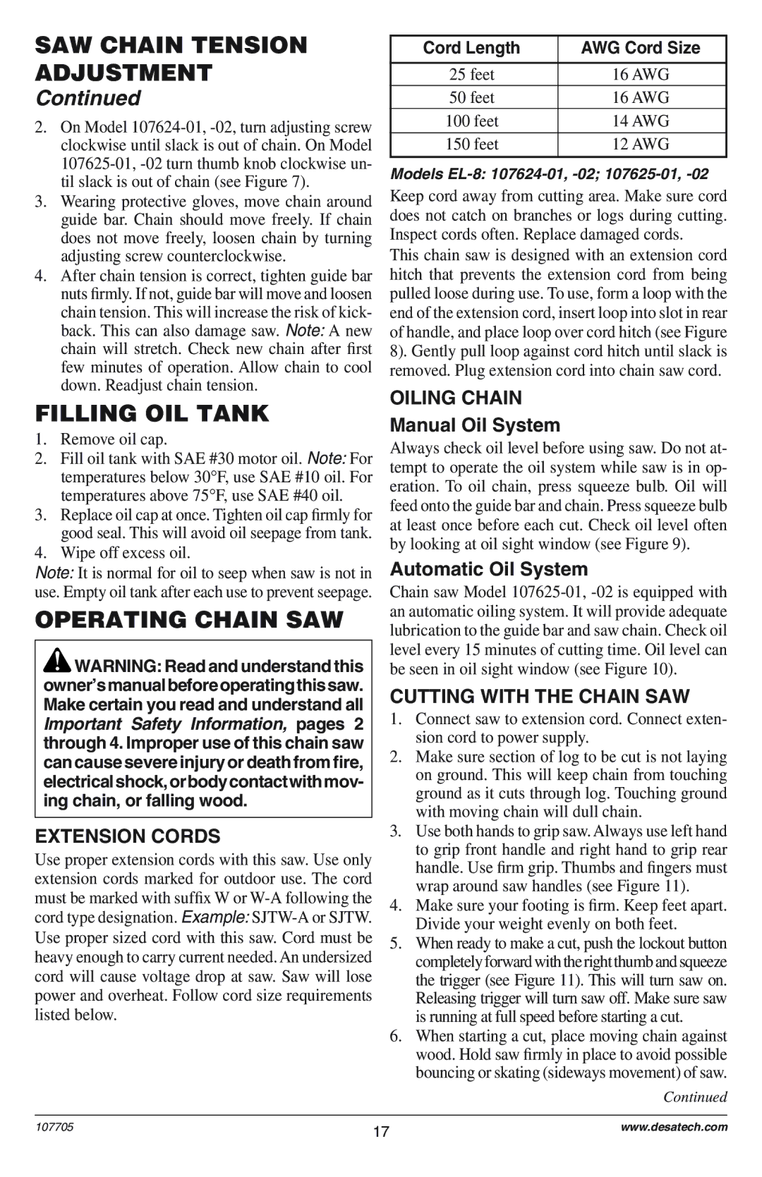 Desa EL-8: 107624-01 Filling OIL Tank, Operating Chain SAW, Extension Cords, Oiling Chain, Cutting with the Chain SAW 