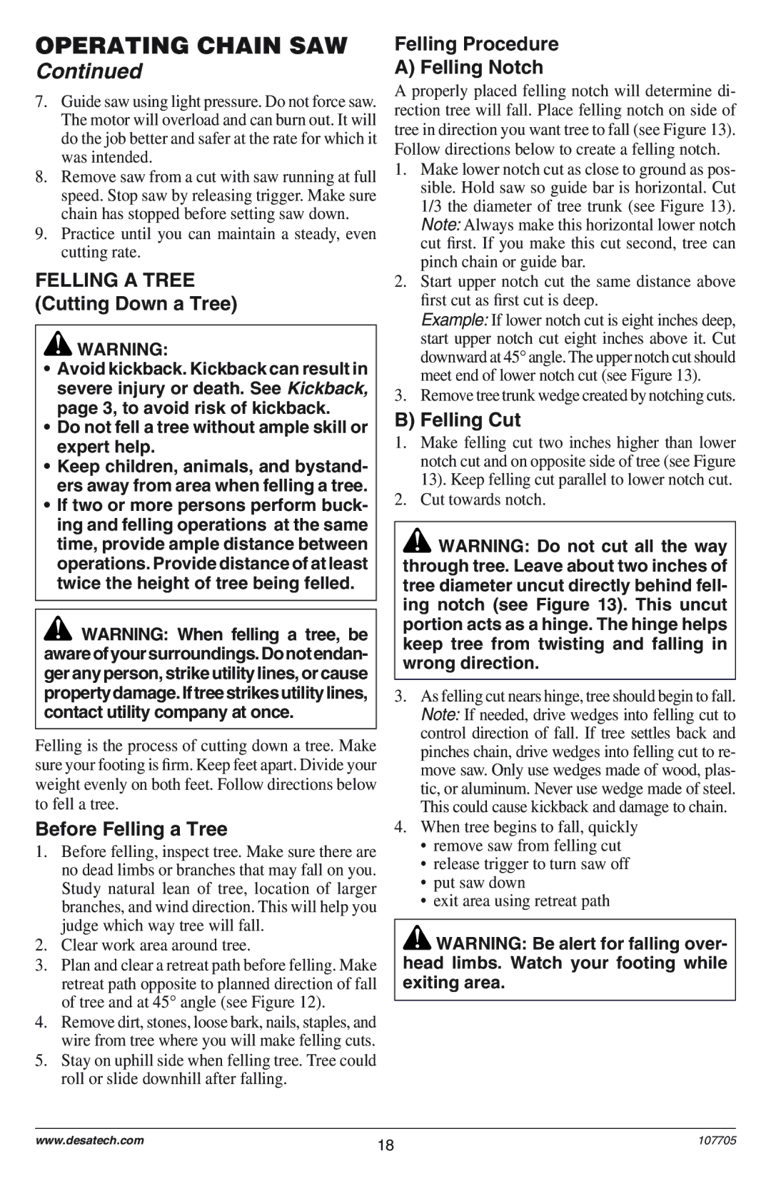 Desa EL-8: 107624-01 Felling a Tree Cutting Down a Tree, Before Felling a Tree, Felling Procedure Felling Notch 