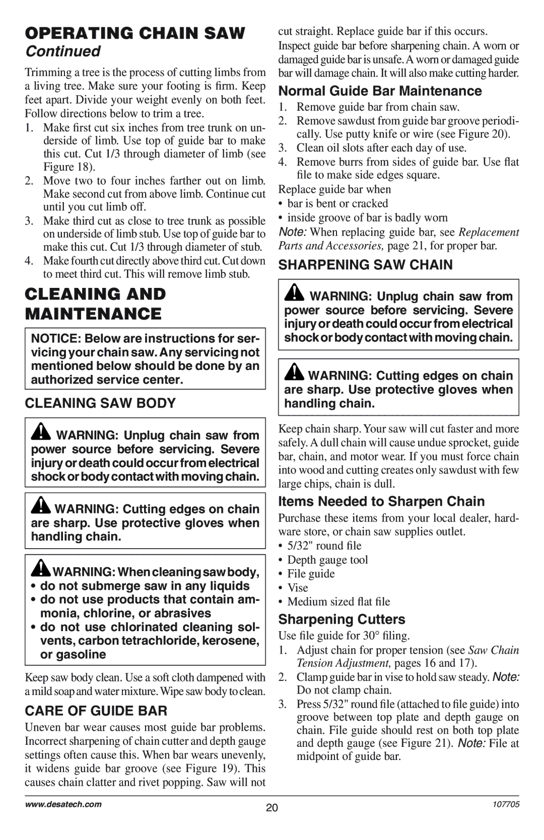 Desa EL-8: 107624-01 owner manual Cleaning Maintenance, Cleaning SAW Body, Care of Guide BAR, Sharpening SAW Chain 