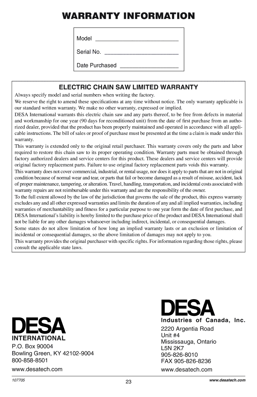 Desa EL-8: 107624-01 owner manual Electric Chain SAW Limited Warranty, International, Industries of Canada, Inc 