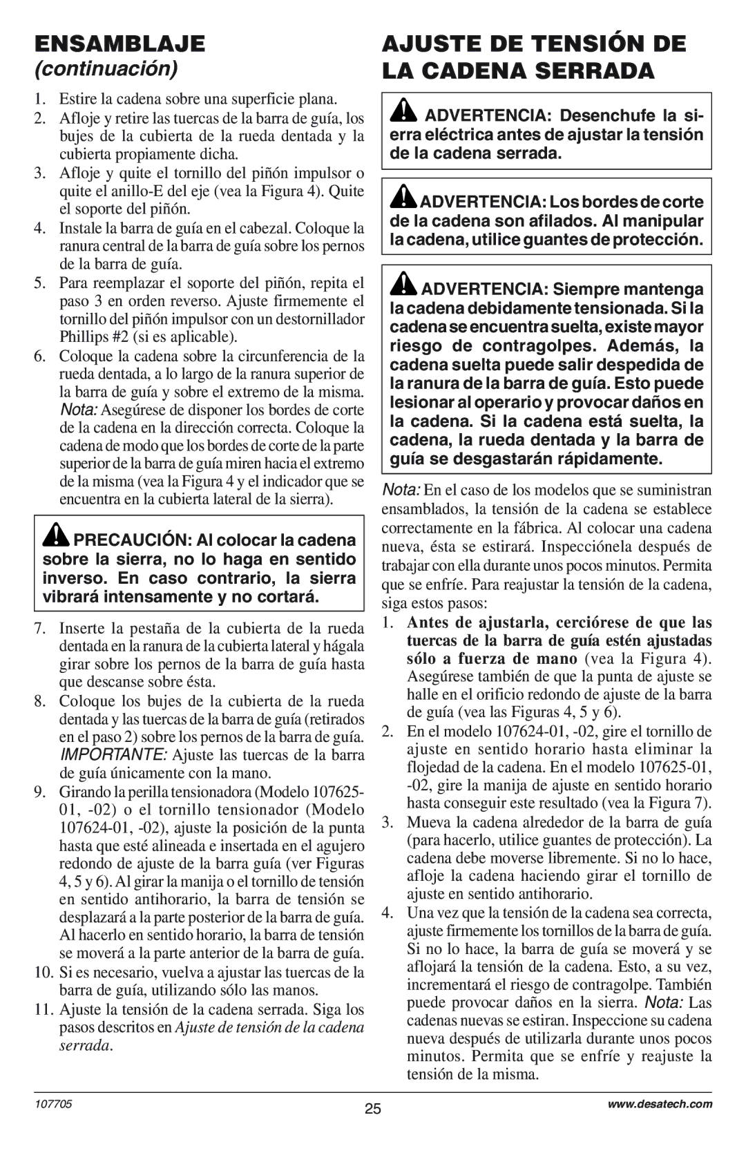 Desa EL-8: 107624-01 owner manual Ajuste DE Tensión DE LA Cadena Serrada 