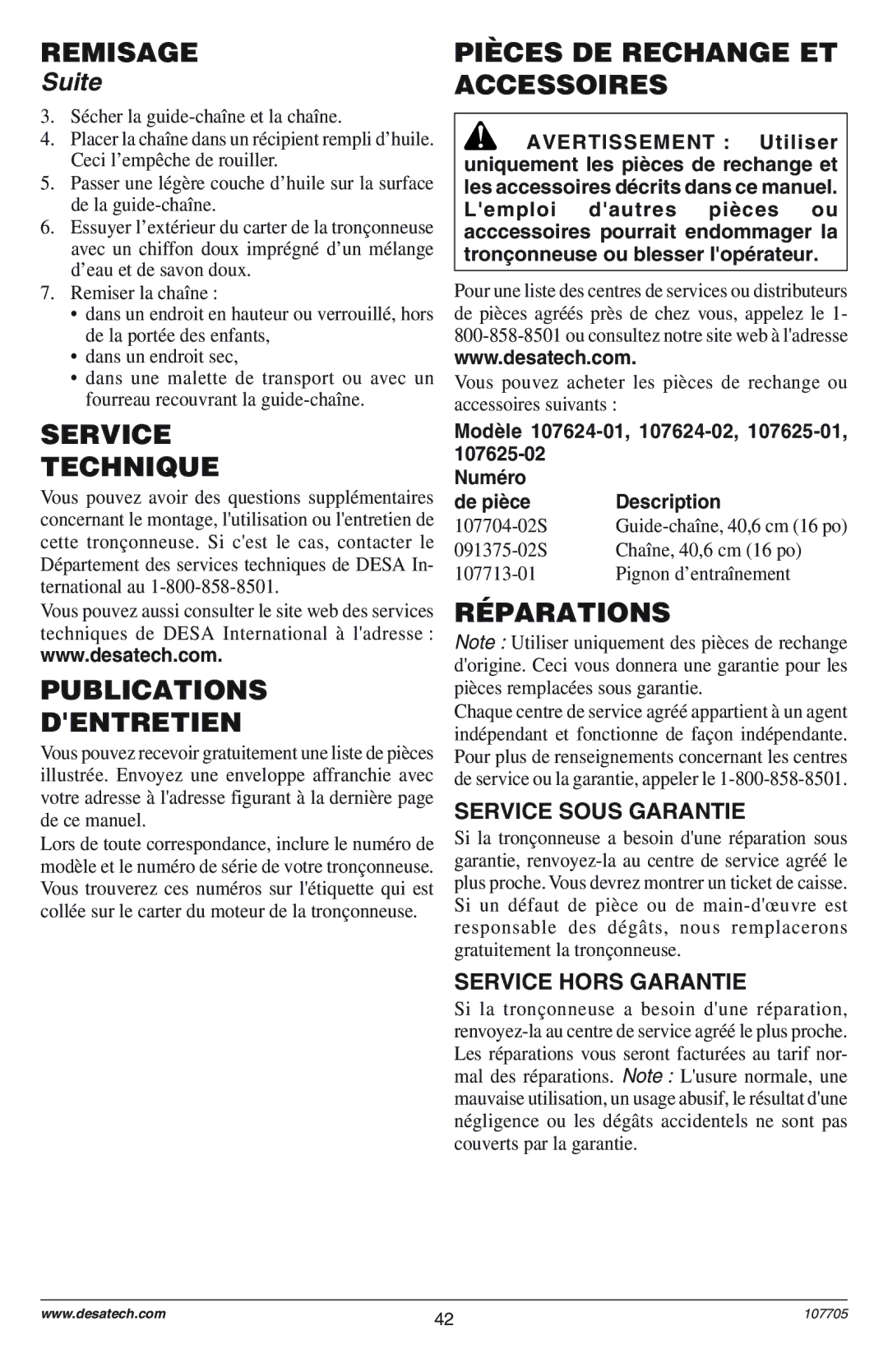 Desa EL-8: 107624-01 Service Technique, Publications Dentretien, Pièces DE Rechange ET Accessoires, Réparations 