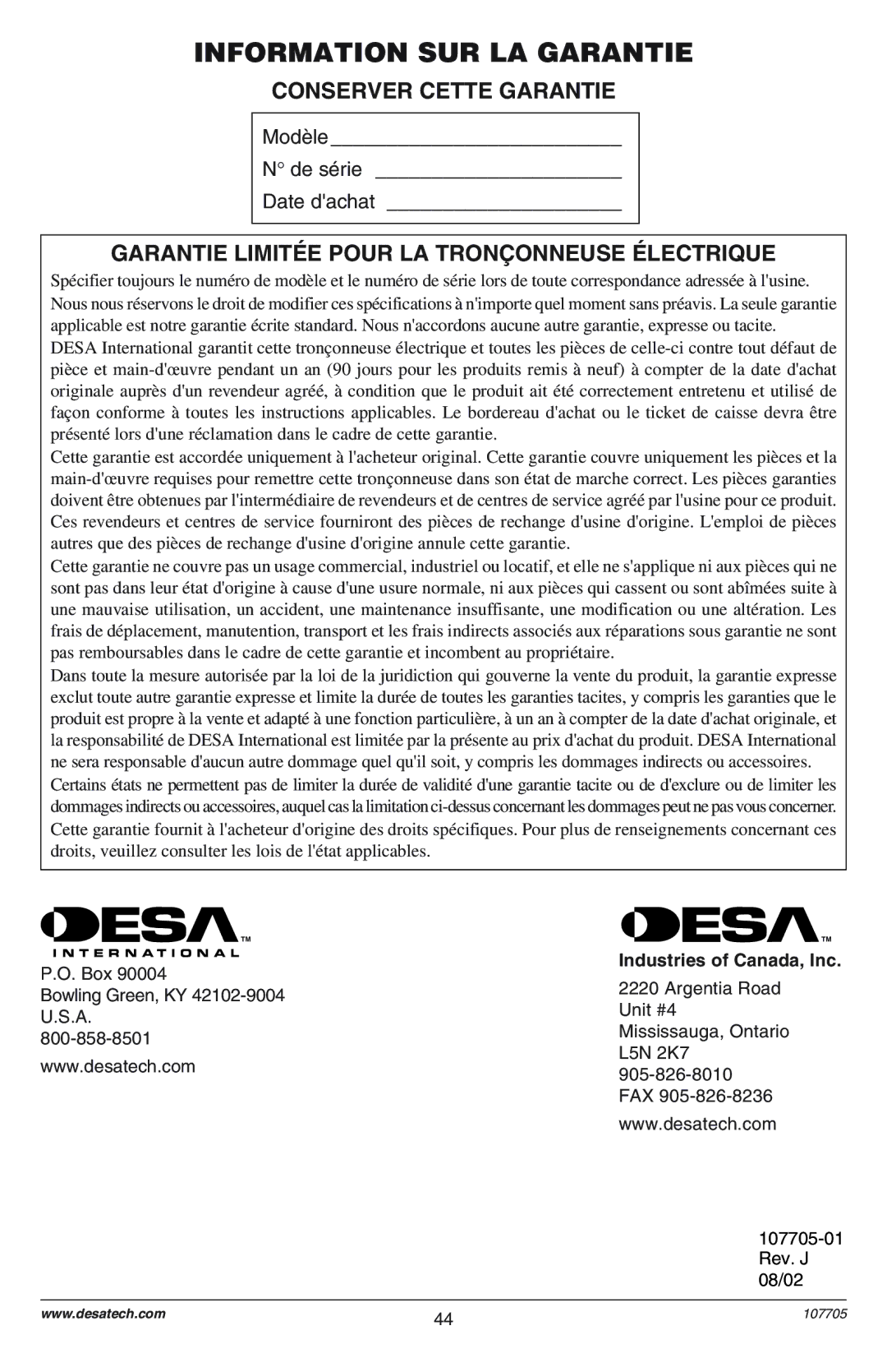 Desa EL-8: 107624-01 owner manual Information SUR LA Garantie, Conserver Cette Garantie 