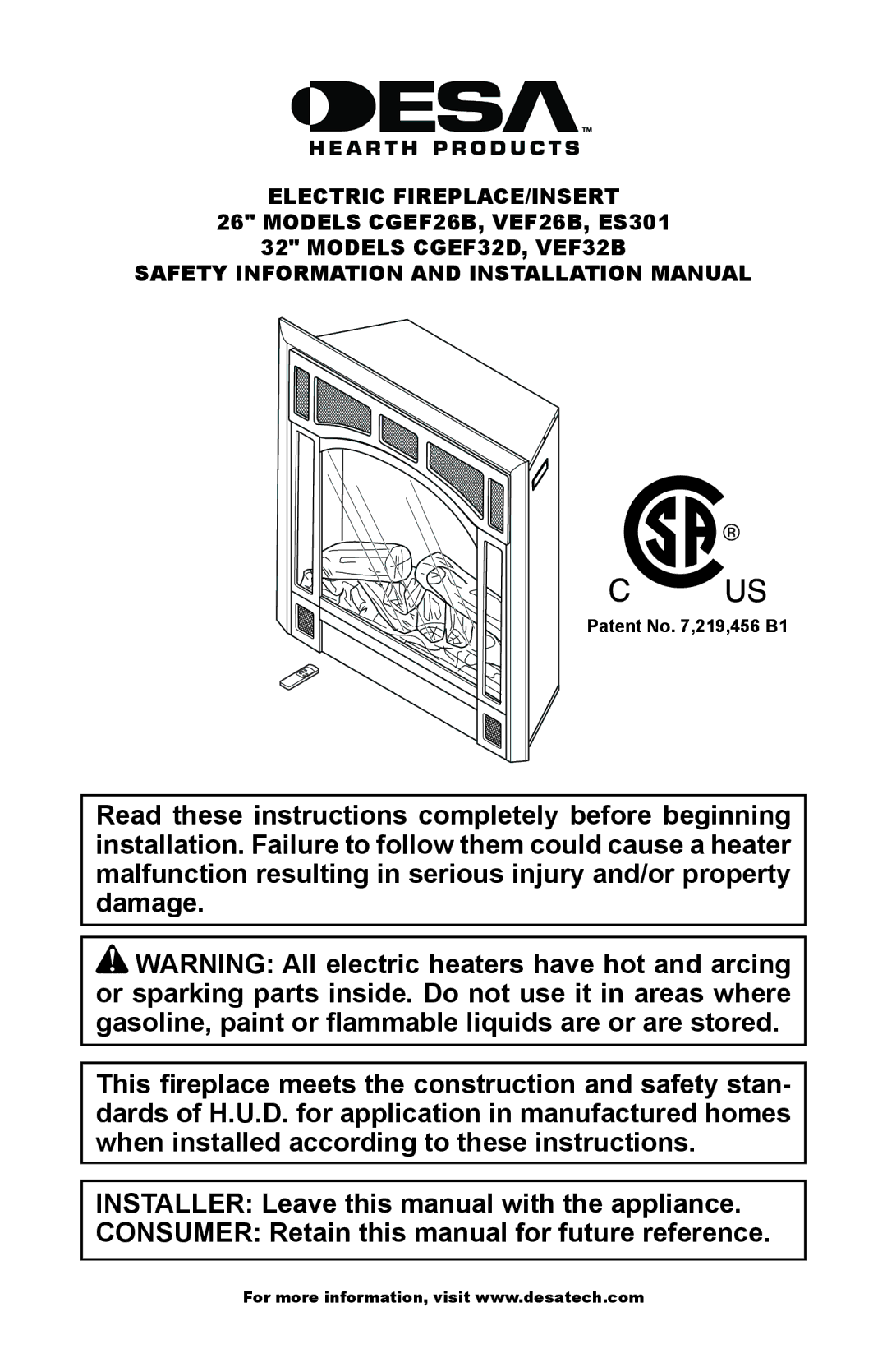 Desa CGEF26B, ES301, CGEF32D, VEF26B, VEF32B installation manual Patent No ,219,456 B1 