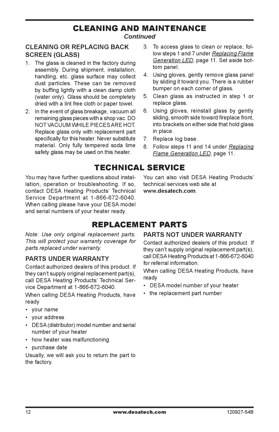 Desa CGEF32D, ES301 Technical Service, Replacement Parts, Cleaning or Replacing back screen Glass, Parts Under Warranty 