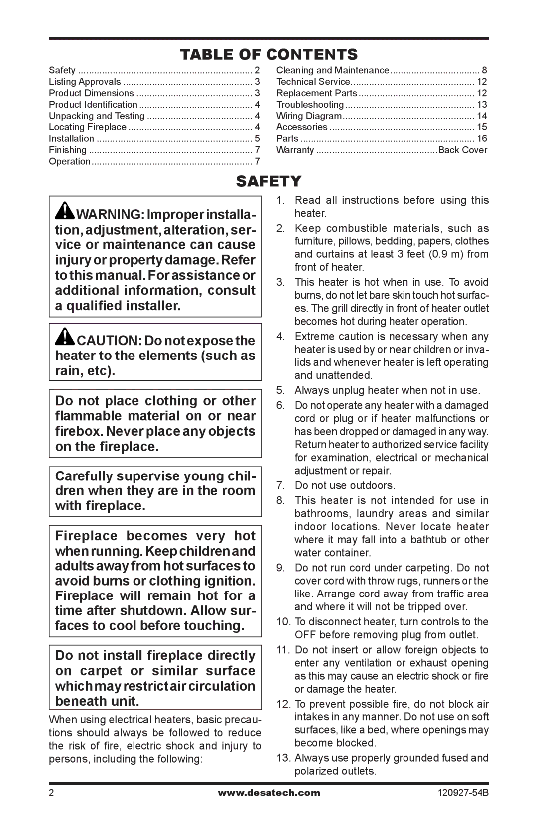 Desa CGEF32D, ES301, CGEF26B, VEF26B, VEF32B installation manual Table of Contents, Safety 