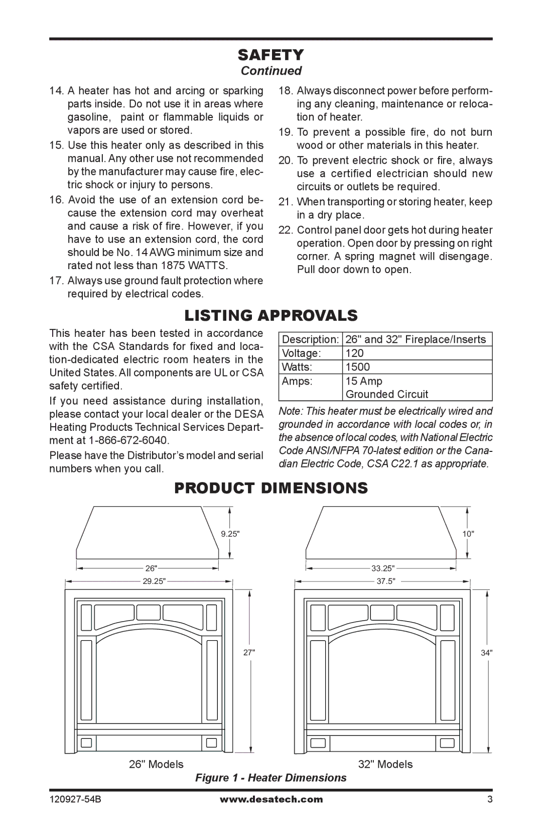 Desa VEF26B, ES301, CGEF26B, CGEF32D, VEF32B installation manual Listing Approvals, Product Dimensions 