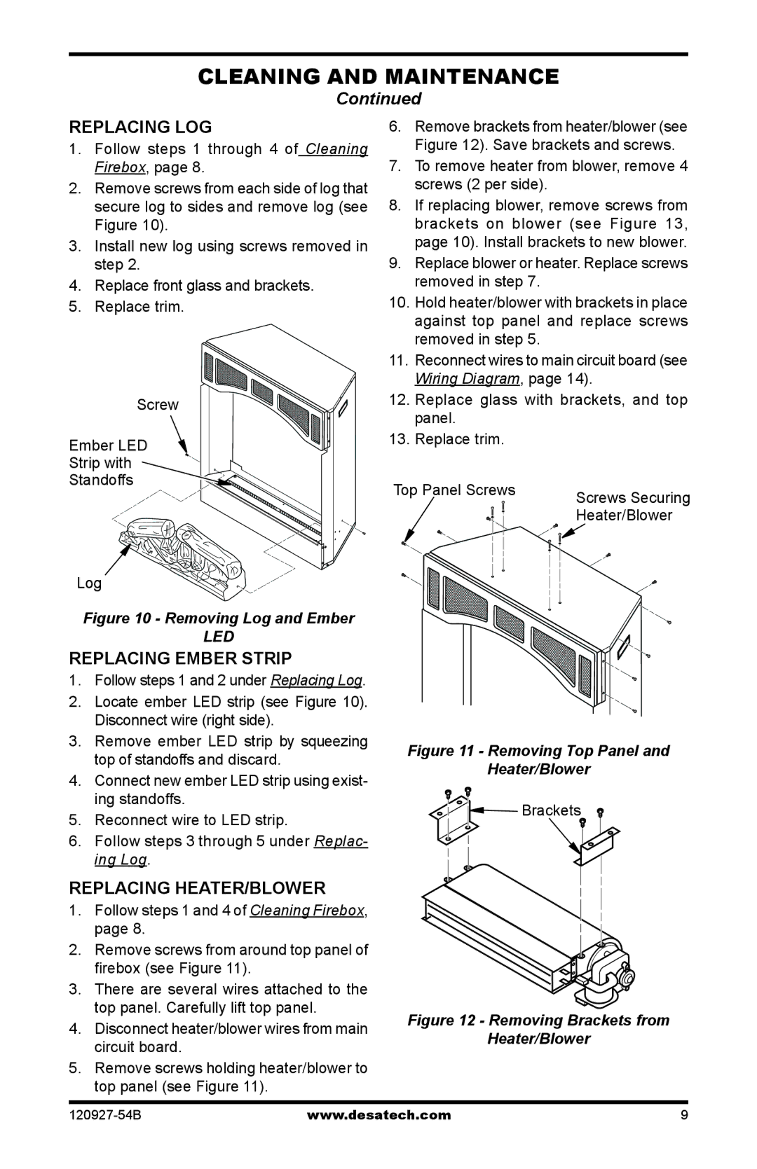 Desa VEF32B, ES301, CGEF26B, CGEF32D, VEF26B installation manual Replacing log, Replacing Ember Strip, Replacing Heater/Blower 