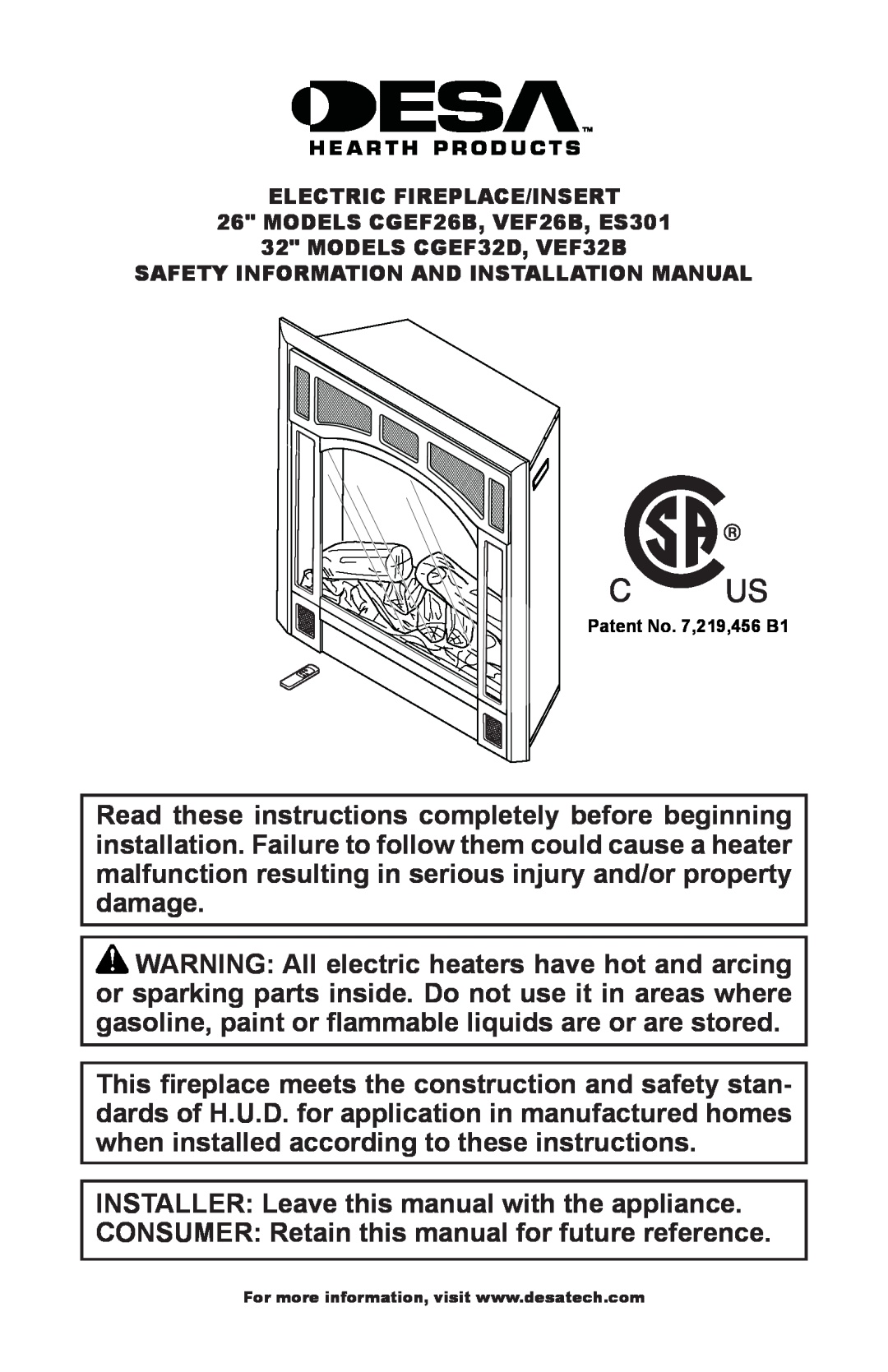 Desa CGEF26B, ES301, CGEF32D, VEF26B, VEF32B installation manual INSTALLER Leave this manual with the appliance 