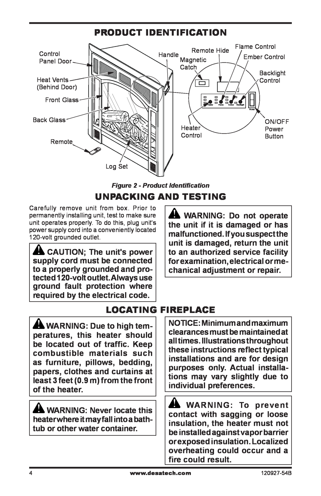 Desa VEF32B, ES301, CGEF26B, CGEF32D, VEF26B Product Identification, Unpacking and Testing, Locating Fireplace 