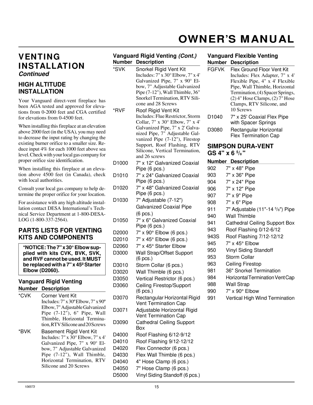 Desa EVDDVF36STN High Altitude Installation, Parts Lists for Venting Kits and Components, Vanguard Rigid Venting 