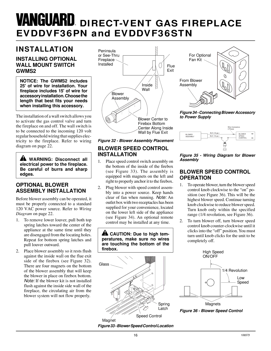 Desa EVDDVF36PN, EVDDVF36STN Installing Optional Wall Mount Switch GWMS2, Optional Blower Assembly Installation 