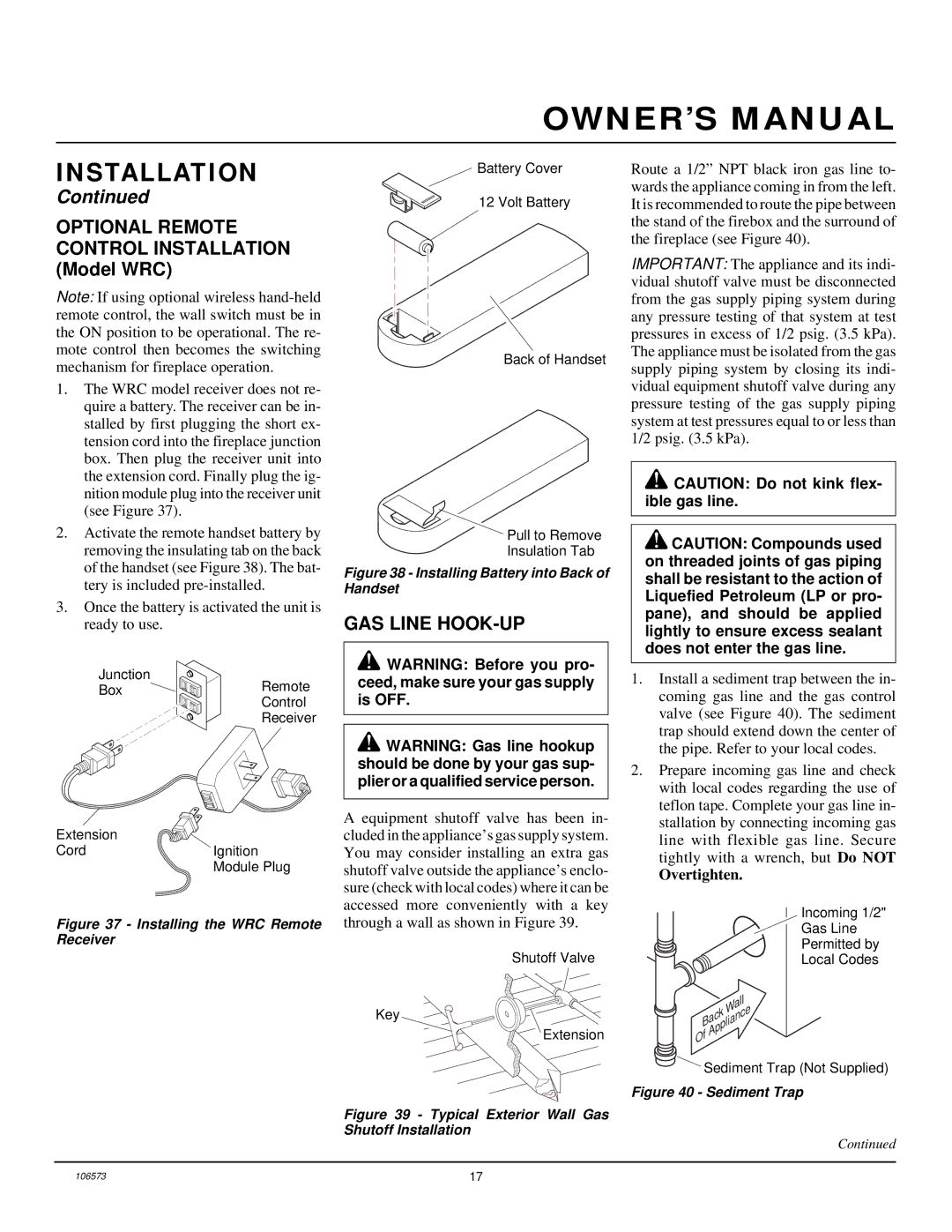 Desa EVDDVF36STN, EVDDVF36PN installation manual Optional Remote Control Installation Model WRC, GAS Line HOOK-UP 