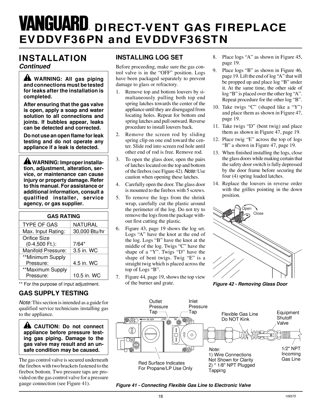 Desa EVDDVF36PN, EVDDVF36STN installation manual Installing LOG SET, GAS Supply Testing 