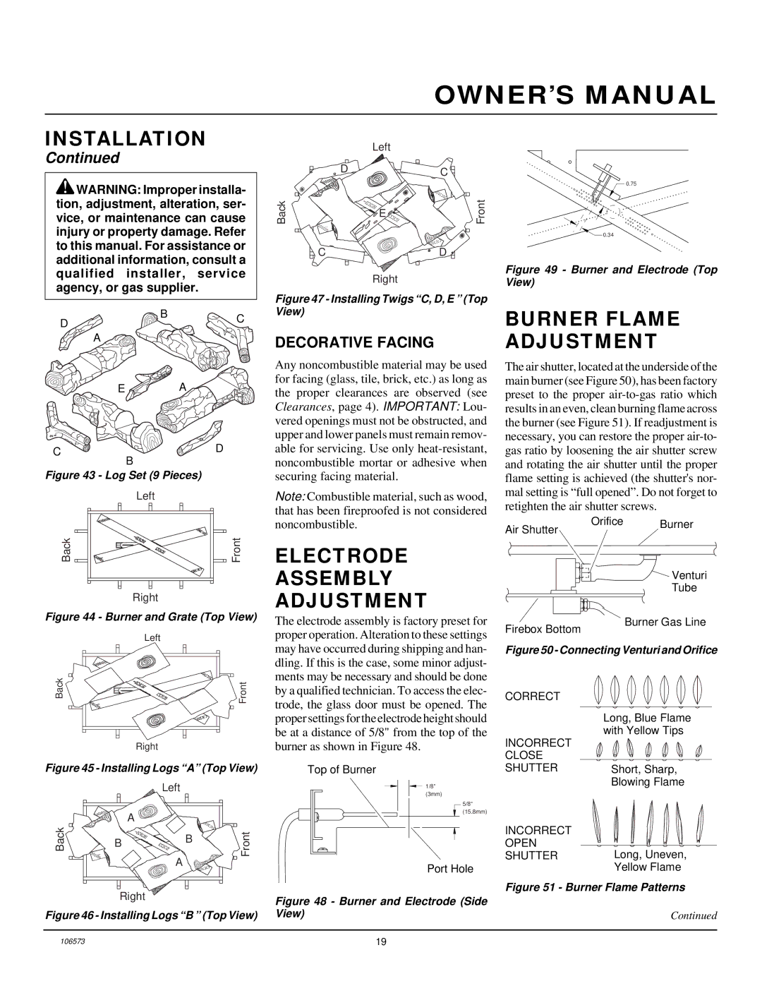 Desa EVDDVF36STN, EVDDVF36PN installation manual Burner Flame Adjustment, Electrode Assembly Adjustment, Decorative Facing 