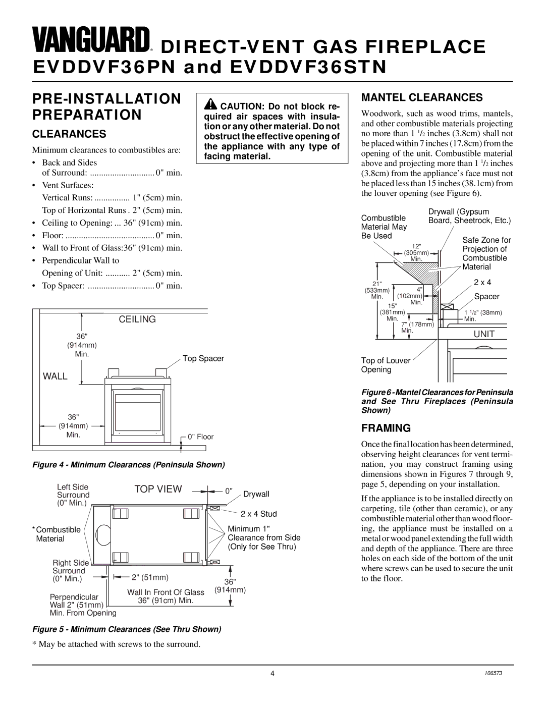 Desa EVDDVF36PN, EVDDVF36STN installation manual PRE-INSTALLATION Preparation, Mantel Clearances, Framing 