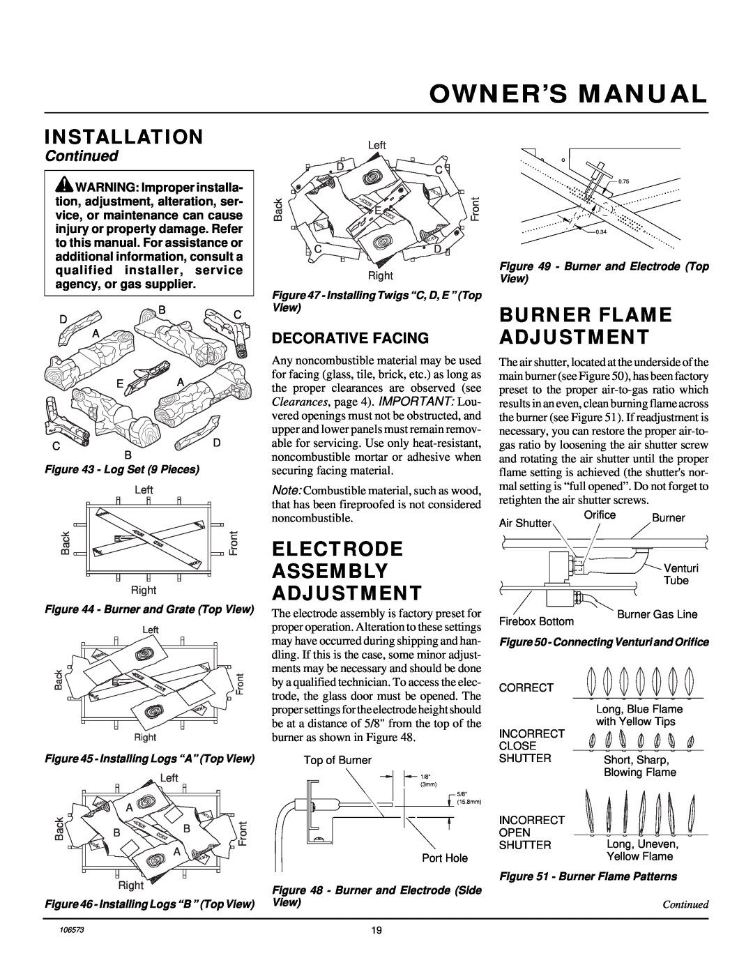 Desa EVDDVF36STN Burner Flame Adjustment, Electrode Assembly Adjustment, Decorative Facing, Owner’S Manual, Installation 