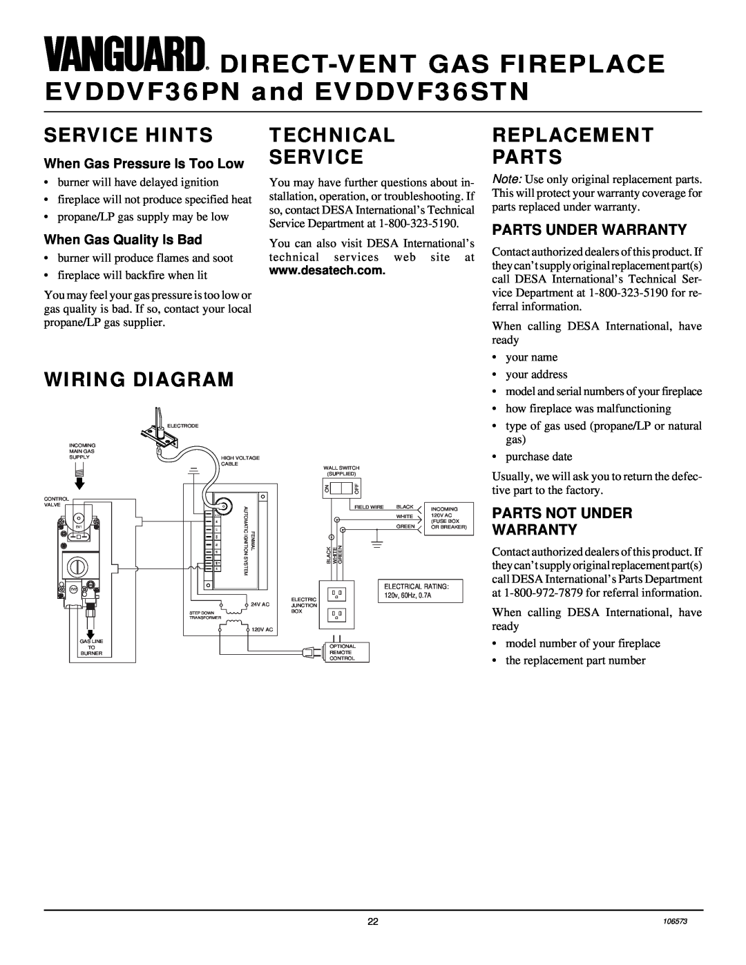 Desa EVDDVF36PN, EVDDVF36STN Service Hints, Technical Service, Replacement Parts, Wiring Diagram, Parts Under Warranty 