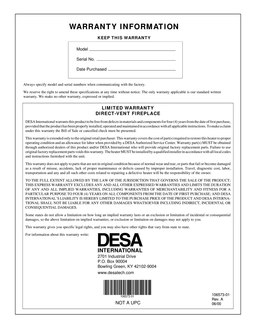Desa EVDDVF36PN Warranty Information, Limited Warranty Direct-Vent Fireplace, International, Not A Upc, Rev. A, 06/00 