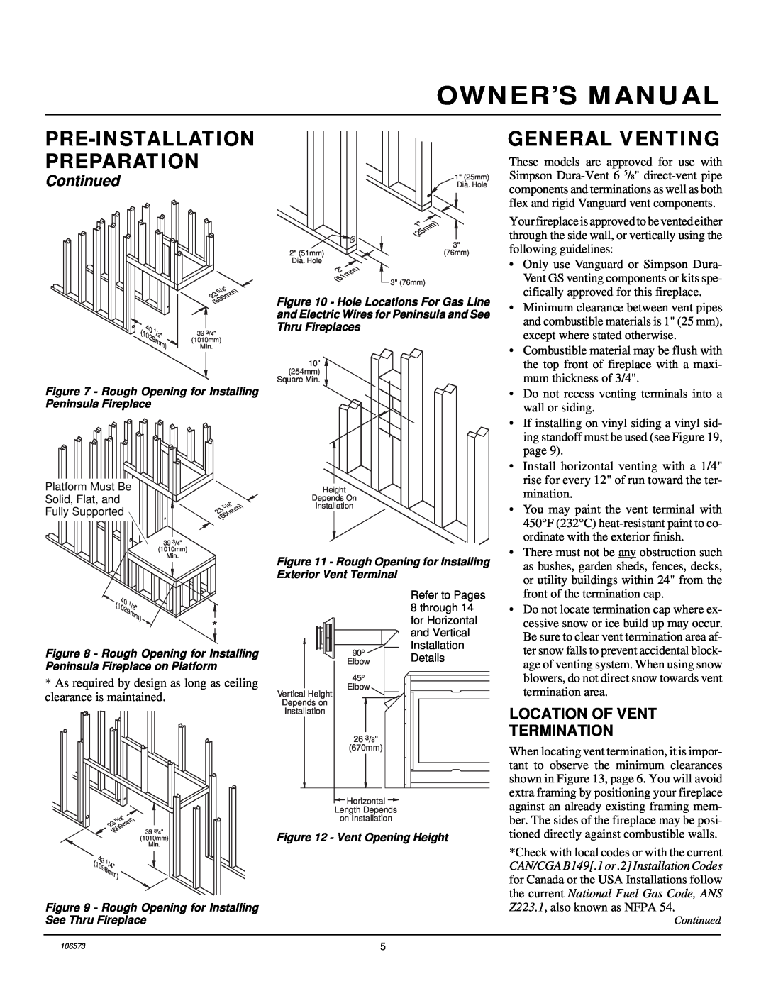 Desa EVDDVF36STN General Venting, Continued, Location Of Vent Termination, Owner’S Manual, Pre-Installation Preparation 