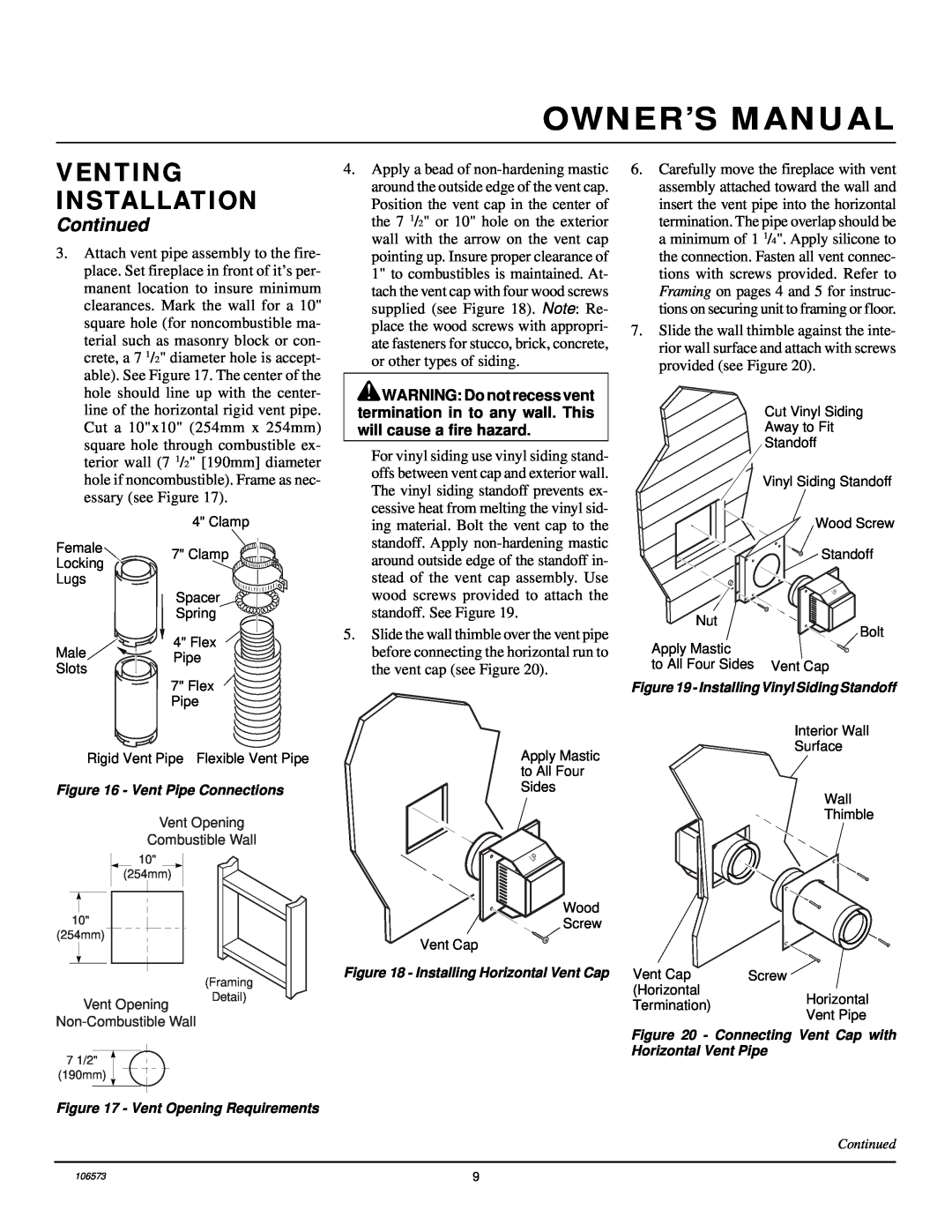 Desa EVDDVF36STN Owner’S Manual, Venting Installation, Continued, Vent Pipe Connections, Installing Horizontal Vent Cap 