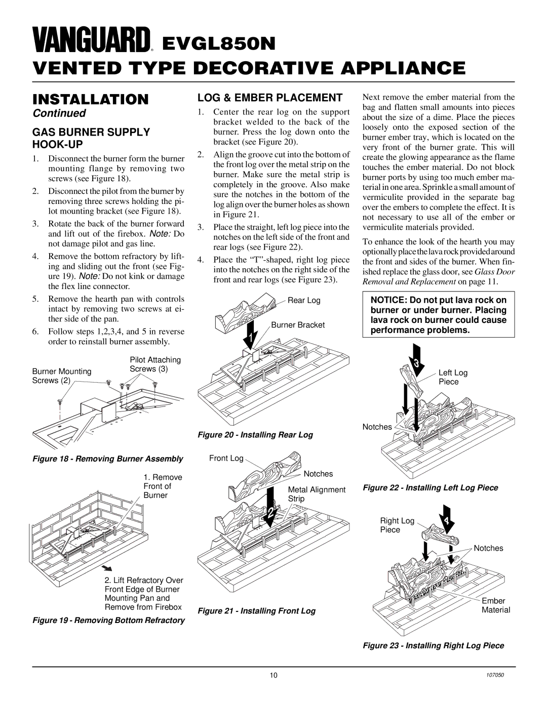 Desa EVGL850N installation manual GAS Burner Supply HOOK-UP, LOG & Ember Placement 