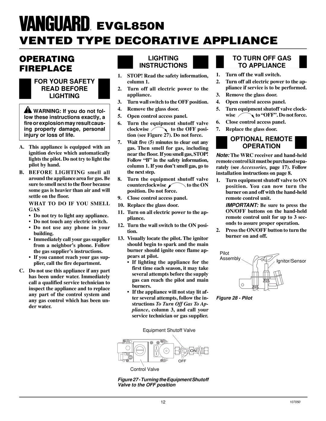 Desa EVGL850N Operating Fireplace, For Your Safety Read Before Lighting, Lighting Instructions, Optional Remote Operation 